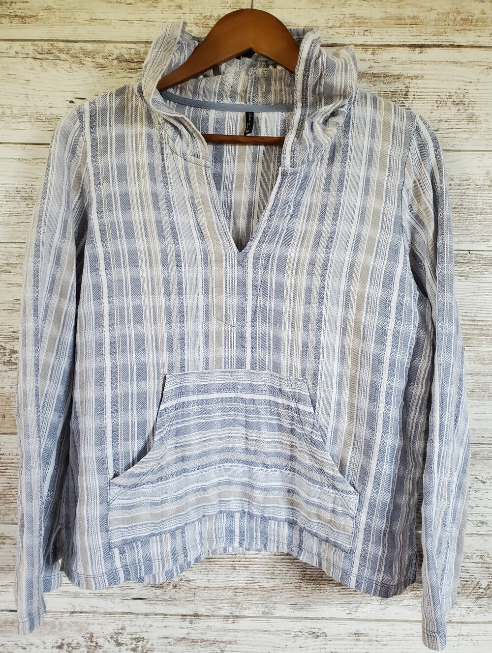 NWOT North River Blue Striped Cotton Baja Hoodie Pullover Coastal Boho